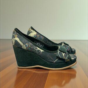 Sugar Floral Print Wedge Pumps Peep Toe Asian Inspired
